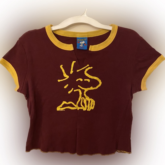 Peanuts Tops - Vintage 90s Woodstock ringer baby tee Peanuts burgundy and gold Juniors XL
